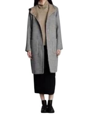 Eileen Fisher Gray Hooded Double Face Baby Alpaca-Wool-Blend Coat Size Large